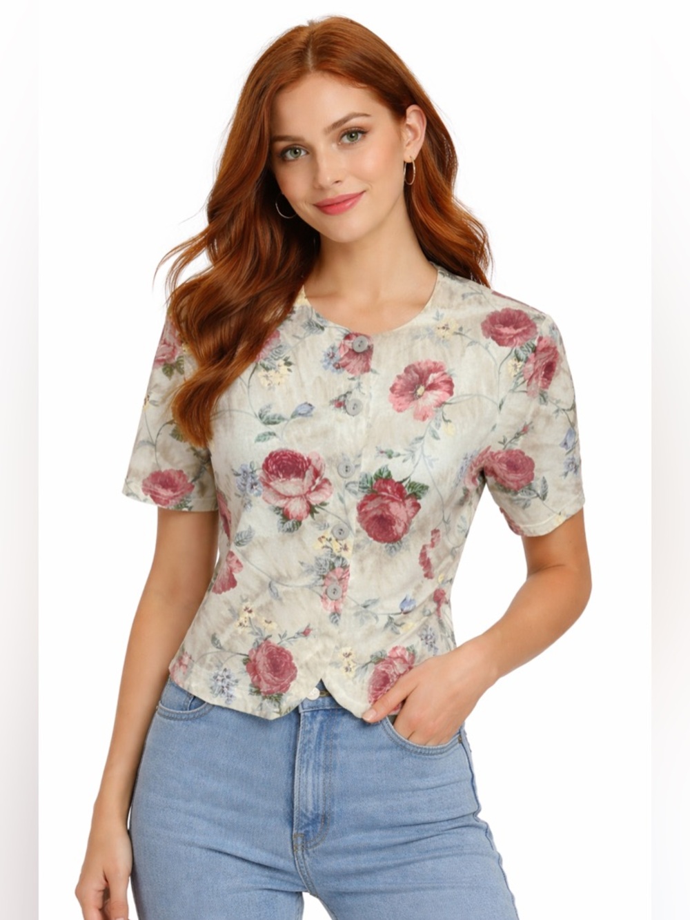 Vintage 90s FRITZI Petites Floral Button Front Blouse Shoulder Pad Cottagecore